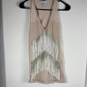Esley Beige green fringe Racerback Tank Top small